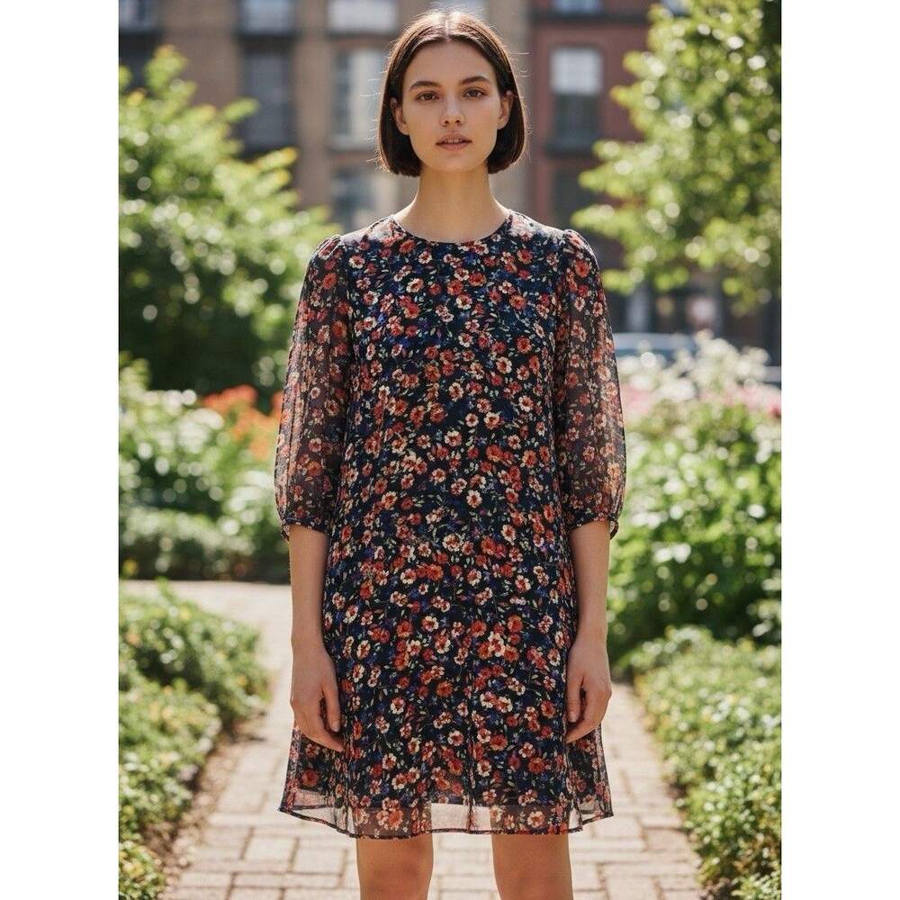 Calvin Klein Women Floral Shift Dress Puff‎ 3/4 Sleeve Lined Multi Black Size 6